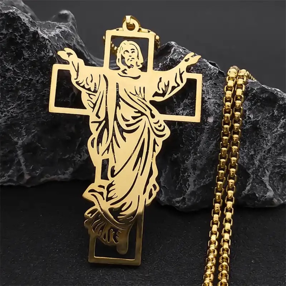 Gold plated Jesus Cross Stainless Steel Pendant Necklace